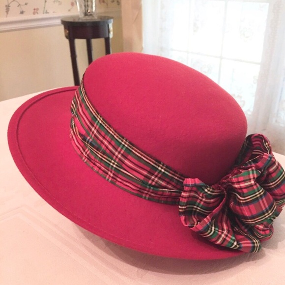 Vintage Red Felt Hat with Plaid Ribbon and Bow - Picture 4 of 4